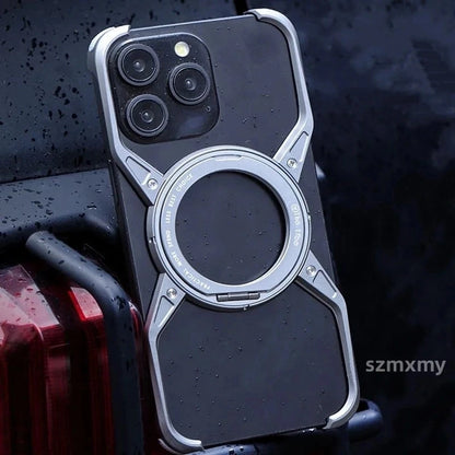 iPhone 16 Pro Metal Alloy X Shape Bumper Case with Magsafe & Rotating Stand - Silver