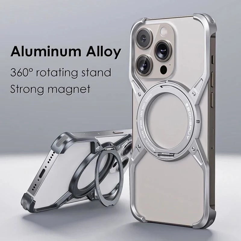 iPhone 16 Pro Metal Alloy X Shape Bumper Case with Magsafe & Rotating Stand - Silver