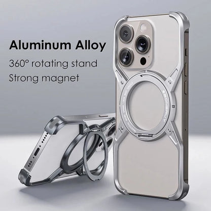iPhone 16 Pro Metal Alloy X Shape Bumper Case with Magsafe & Rotating Stand - Silver