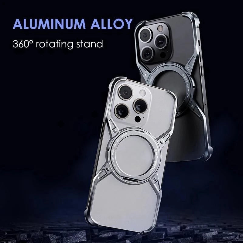 iPhone 16 Pro Metal Alloy X Shape Bumper Case with Magsafe & Rotating Stand - Silver