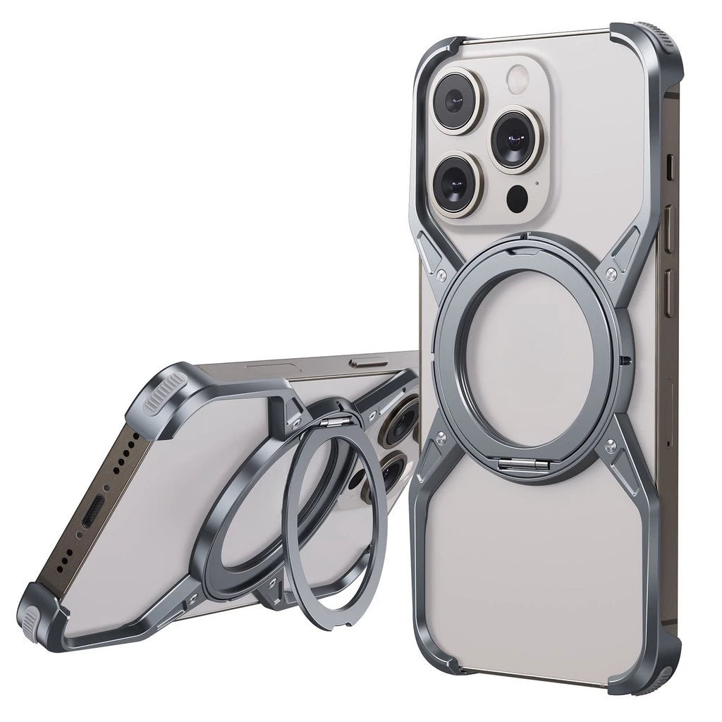 iPhone 16 Pro Metal Alloy X Shape Bumper Case with Magsafe & Rotating Stand  - Gray