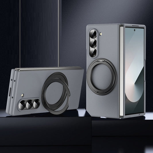 Samsung Galaxy Z Fold 6 Thunderbolt 360 Metal Rotating Holder Shockproof Case with Front Glass Protection - Silver
