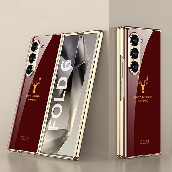 Samsung Galaxy Z Fold 6 Luxury Gold Plating Deer Glass Finish Case - Red