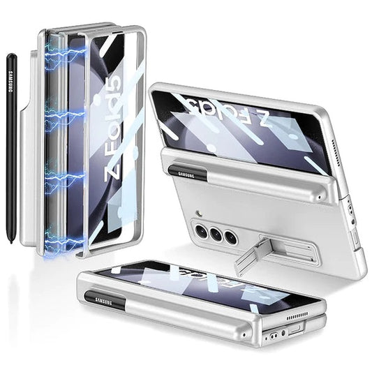 Samsung Galaxy Z Fold 5 Anti-Drop Protective Case With Front Glass & Pen Holder-Silver