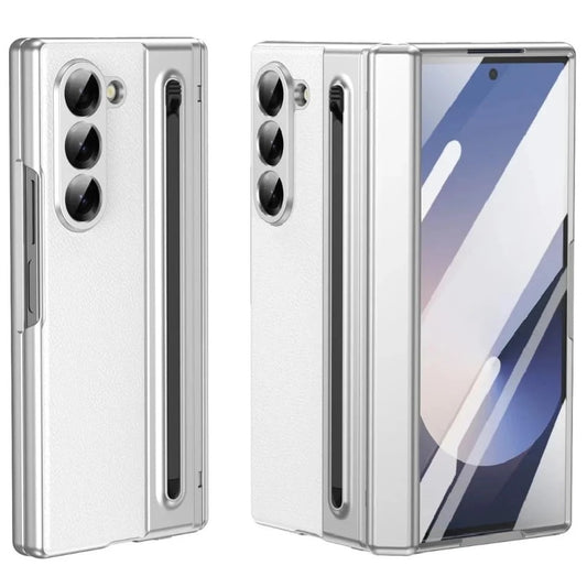 Samsung Galaxy Z Fold 6 Electroplating Leather Case with S Pen & Front Glass Protection - Whitesilver