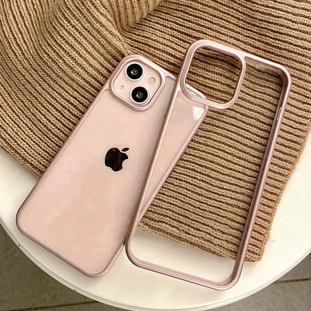 iPhone 14 Max Soft Hybrid Transparent Metal Camera Protection Case - Pink