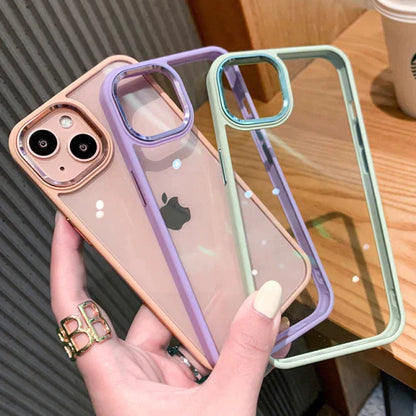 iPhone 14 Max Soft Hybrid Transparent Metal Camera Protection Case - Pink