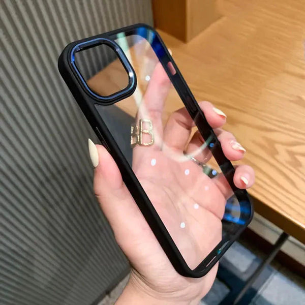iPhone 13 Soft Hybrid Transparent Metal Camera Protection Case - Black