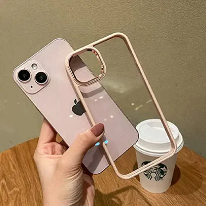 iPhone 14 Max Soft Hybrid Transparent Metal Camera Protection Case - Pink