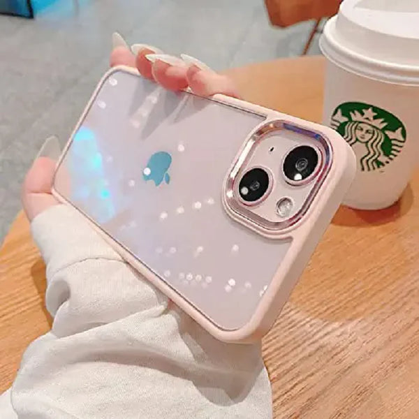 iPhone 13 Soft Hybrid Transparent Metal Camera Protection Case - Pink